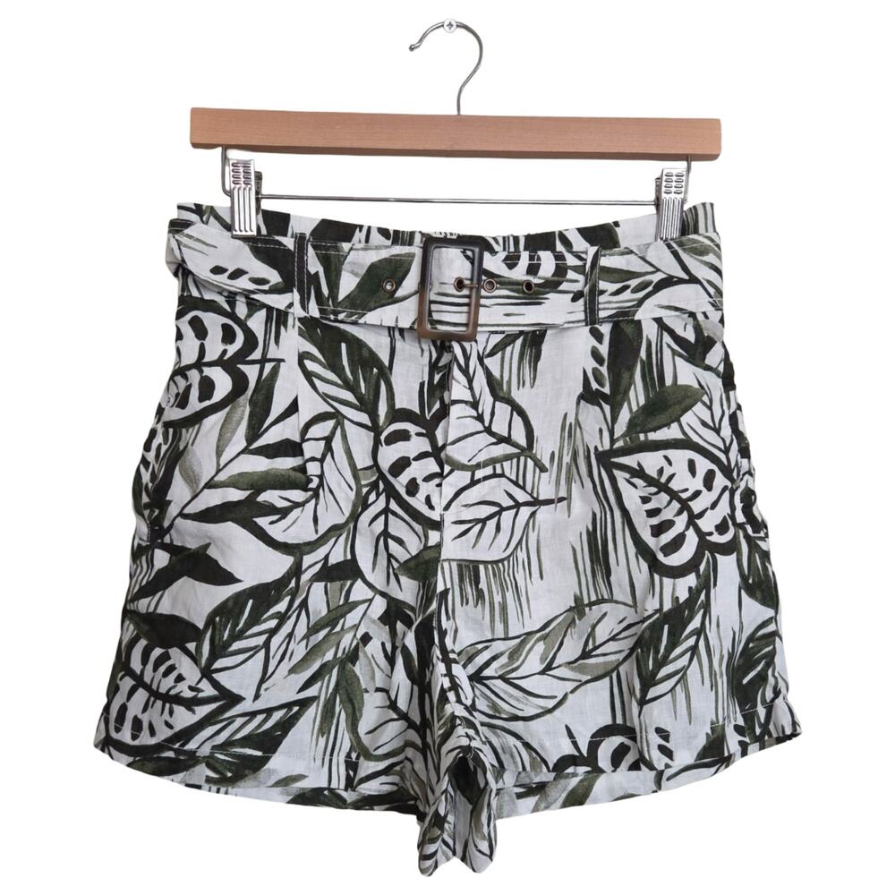 Tahari | 100% Linen Tropical Leaf Print Belted Shorts Pockets High Waist